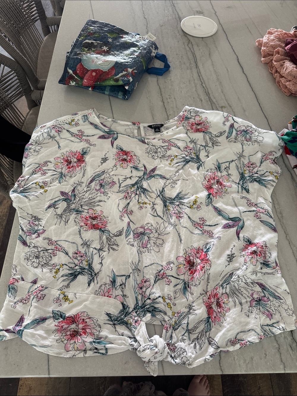 Buffalo David Bitton White Floral Tie-Front Blouse with Pink and Green Prints
